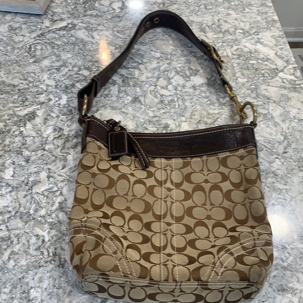 Coach Brown and Tan Signature Canvas Shoulder Bag